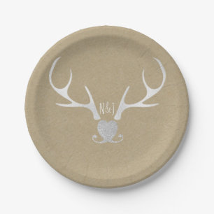 Assiettes En Carton Bois de cerf argenté blanc & Mariage rustique en p