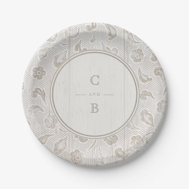Assiettes En Carton Bois de dentelle blanche mariage campagnard rustiq (Devant)