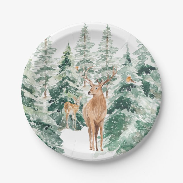 Assiettes En Carton Bois de neige rustique hiver Cerf (Devant)