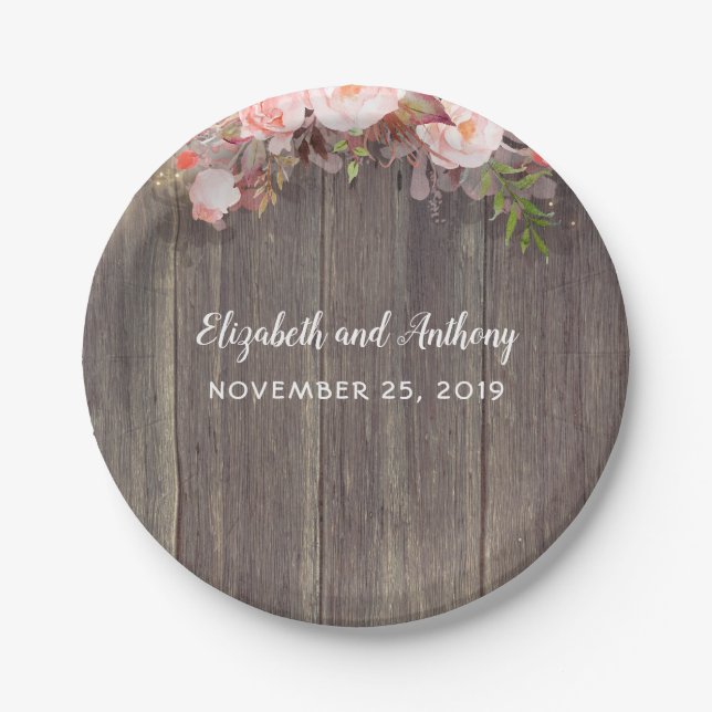 Assiettes En Carton Bois et fleurs roses Mariage rustique (Devant)