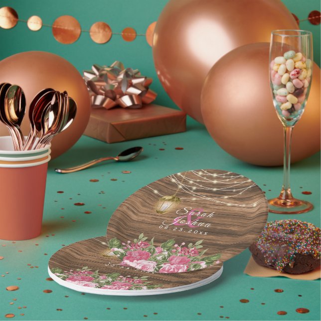 Assiettes En Carton Bois, lanternes et fleurs de mauve rose (Multi)
