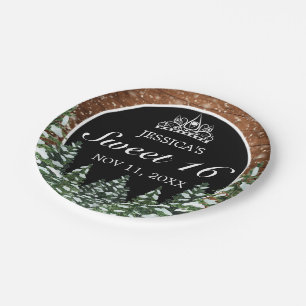 Assiettes En Carton Bois neigeux noir et pin Tiara Sweet 16