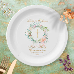 Assiettes En Carton Bois Rose Garland Première communion sainte