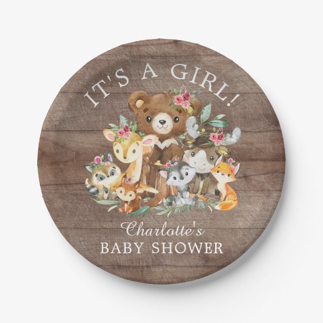 Assiettes En Carton Bois rustique Animaux Baby shower 7" Plaque (Devant)