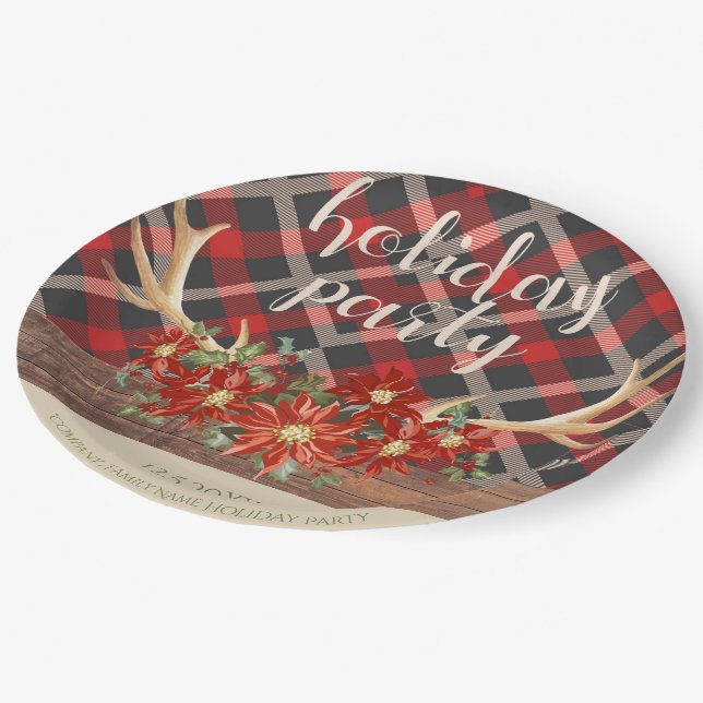 Assiettes En Carton Bois rustique Antlers et Plaid (Angle)
