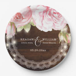 Assiettes En Carton Bois rustique Lumières Rose Mariage personnalisé