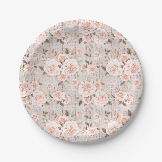 Assiettes En Carton Bois rustique & Roses romantiques Shabby Chic Mari (Devant)