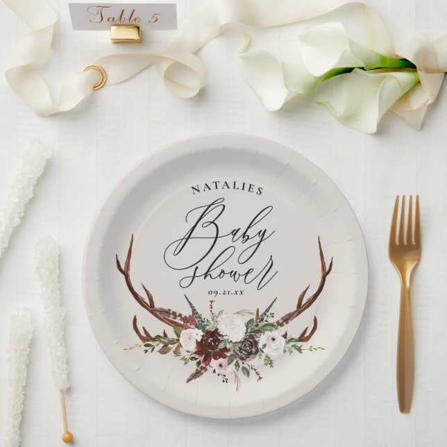 Assiettes En Carton Bois rustiques baby shower à fleurs aquarelle (Mariage)