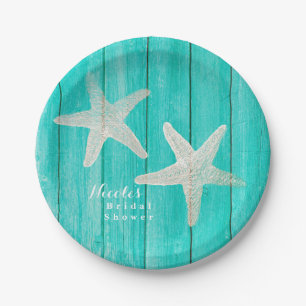 Assiettes En Carton Bois sarcelle et étoile de mer Plage Élégant Tropi