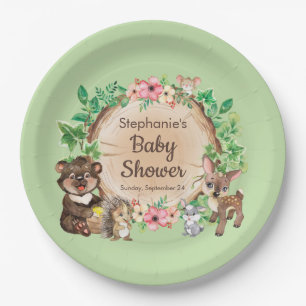 Assiettes En Carton Bois vert Animaux rustiques Baby shower neutre