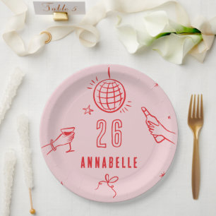 Assiettes En Carton boisson d'anniversaire rose dessinée à la main