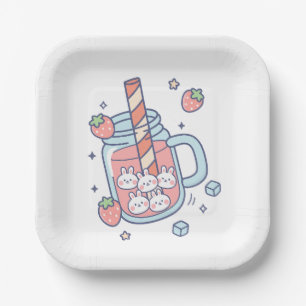 Assiettes En Carton Boisson de fraise Kawaii Bunny
