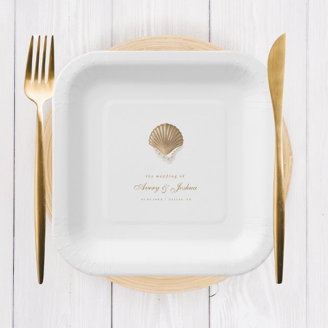 Assiettes En Carton Boisson Mariage Gold Seashell (Créateur téléchargé)