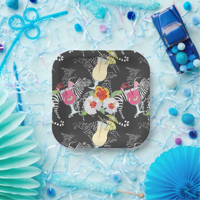 Assiettes En Carton Boissons Tropicales Avec Animaux (Fête)