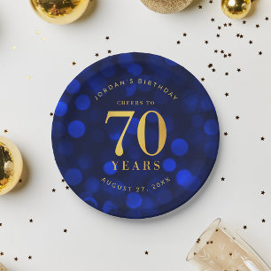Assiettes En Carton Bokeh Bleu Saphir Félicitations pour 70 Ans Annive