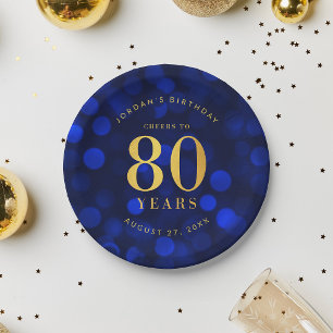 Assiettes En Carton Bokeh Bleu Saphir Félicitations pour 80 Ans Annive