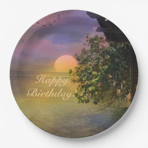 Assiettes En Carton Bon Anniversaire Coucher de soleil tropical