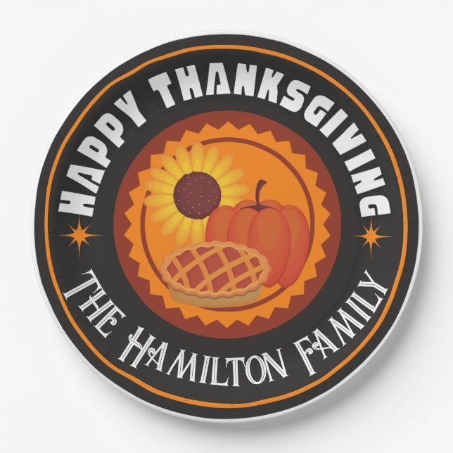 Assiettes En Carton Bon thanksgiving avec nom de famille (modifiable) (Devant)