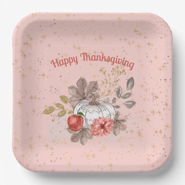 Assiettes En Carton Bon thanksgiving Citrouilles et fleurs roses (Recto)