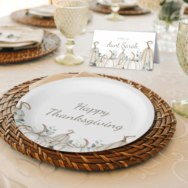 Assiettes En Carton Bon thanksgiving de ferme moderne Citrouille blanc (Simple Elegant Rustic Farmhouse White Pumpkin Happy Thanksgiving Editable Paper Plates for Fall )