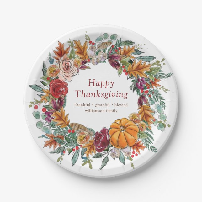 Assiettes En Carton bon thanksgiving Pays Rustique Citrouille Wreath (Devant)