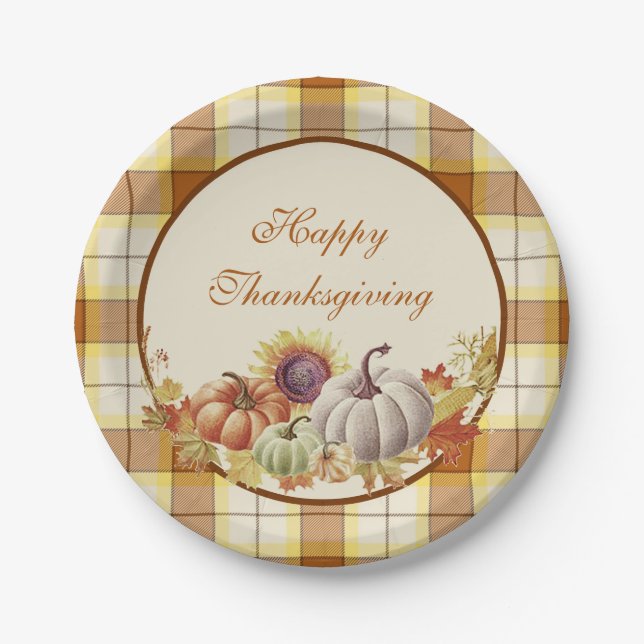 Assiettes En Carton Bon thanksgiving plaid et citrouilles (Devant)
