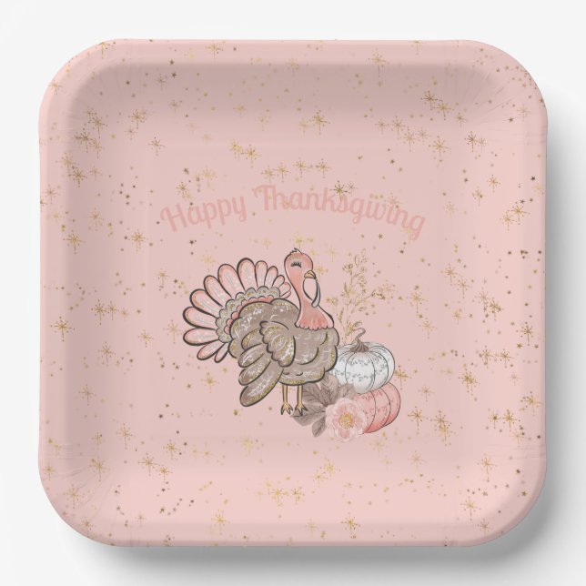 Assiettes En Carton Bon thanksgiving rose Turquie et Citrouilles (Recto)