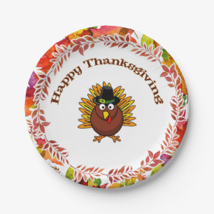 Assiettes En Carton Bon thanksgiving Turquie entourée de Feuilles d'au