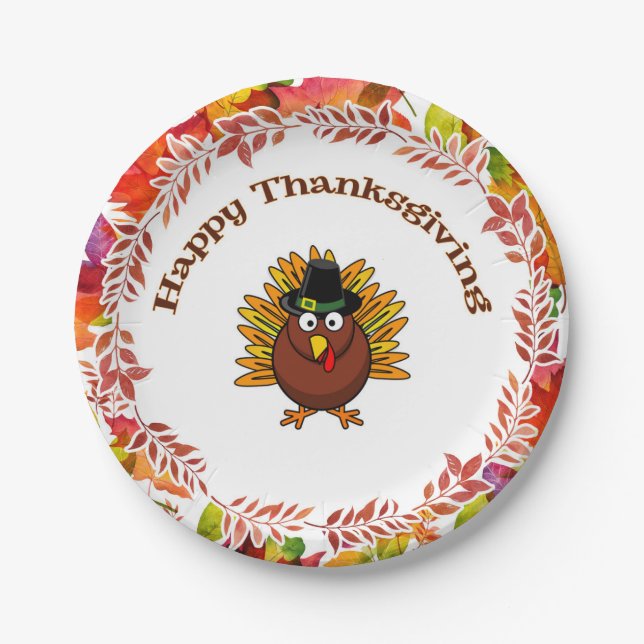 Assiettes En Carton Bon thanksgiving Turquie entourée de Feuilles d'au (Devant)