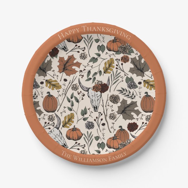 Assiettes En Carton Bon thanksgiving Vache Crâne automne récolte (Devant)