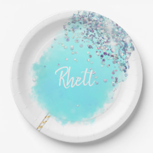 Assiettes En Carton Bonbons de coton mignon bleu et argent parties sci