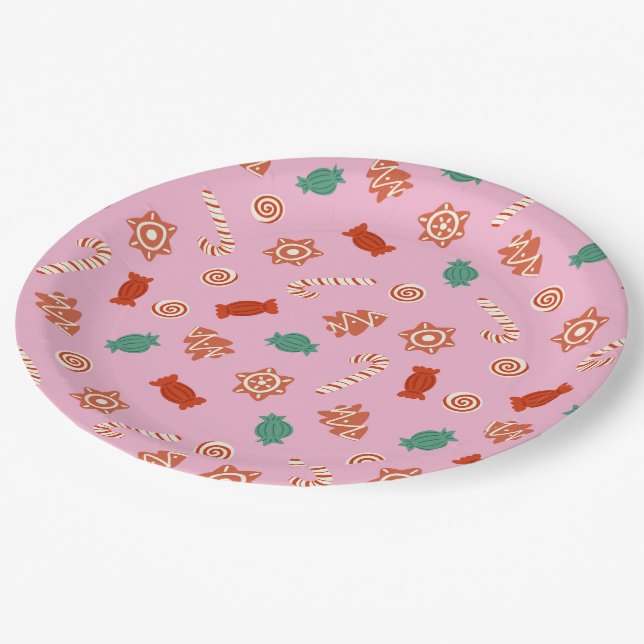 Assiettes En Carton Bonbons de Noël - rose (Angle)