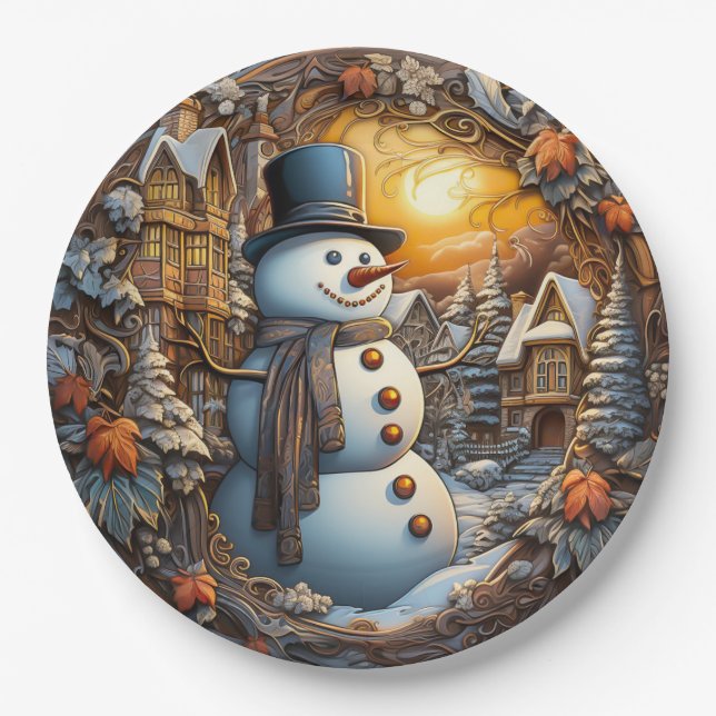 Assiettes En Carton Bonhomme de neige de Noël (Devant)