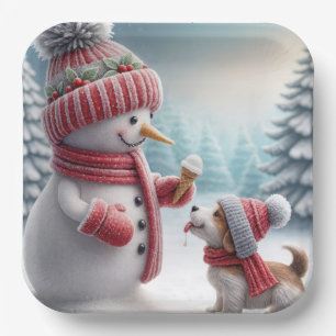 Assiettes En Carton Bonhomme de neige de Noël avec chien