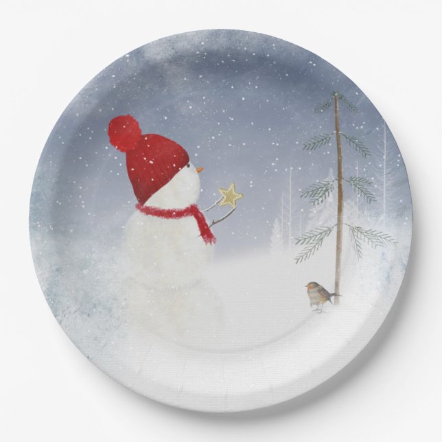 Assiettes En Carton bonhomme de neige de Noël avec étoile d'or (Devant)