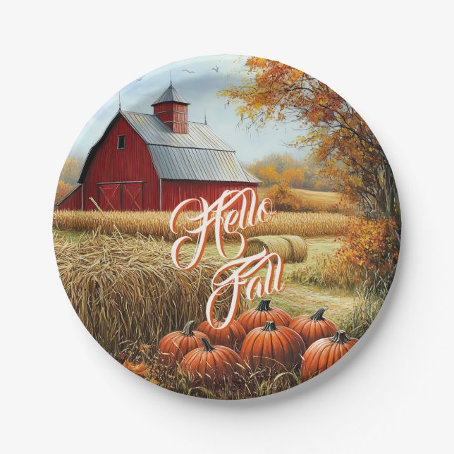 Assiettes En Carton Bonjour Automne Thanksgiving Rural Grange Citrouil (Devant)