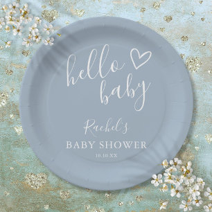 Assiettes En Carton Bonjour Baby Shower Bébé Garçon Bleu Poussiéreux C