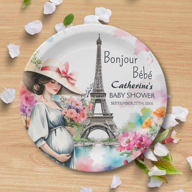 Assiettes En Carton Bonjour Bebe Floral Tour Eiffel Baby shower Paris (Créateur téléchargé)