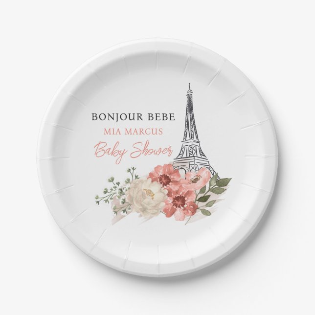 Assiettes En Carton Bonjour Bebe Tour Eiffel Baby shower Paris (Devant)
