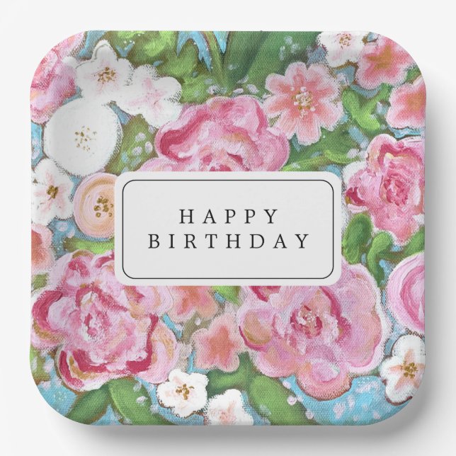 Assiettes En Carton BONJOUR D'ANNIVERSAIRE Rose Floral (Recto)