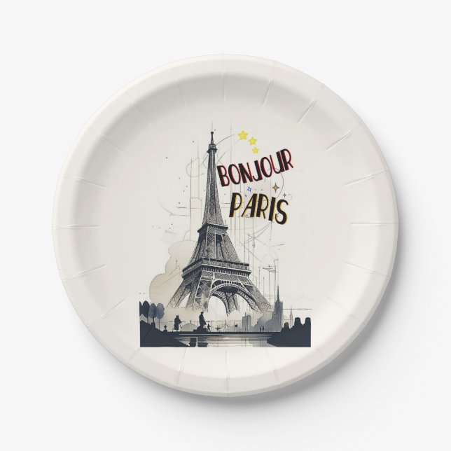 Assiettes En Carton Bonjour Skyline Marathon Paris (Devant)