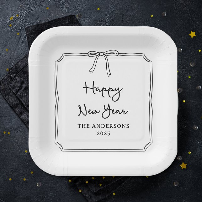 Assiettes En Carton Bonne année ! Bow noir et blanc personnalisé (Créateur téléchargé)