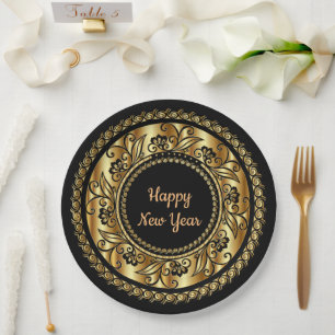 Assiettes En Carton Bonne année, élégant noir et or,