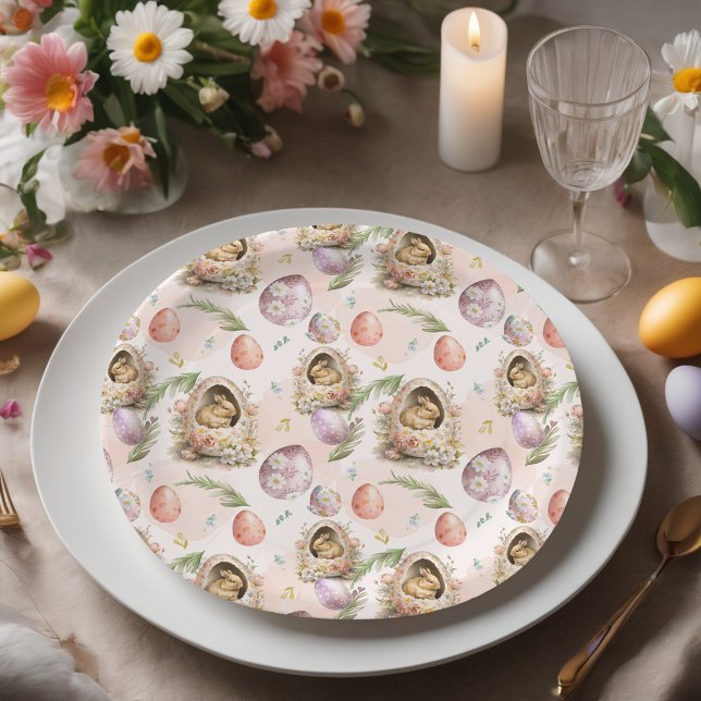 Assiettes En Carton Bonne fête de Pâques Bunny fête rose (Créateur téléchargé)