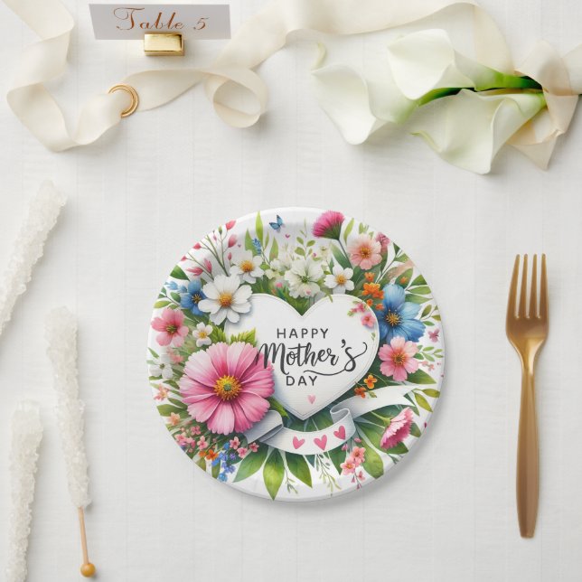 Assiettes En Carton Bonne Fête des mères Coeurs floraux (Mariage)