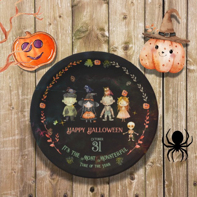 Assiettes En Carton Bonne fête des monstres mignons d'Halloween (Happy Halloween Cute Monsters Party Paper Plates)