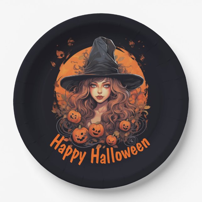 Assiettes En Carton Bonne Halloween avec Witch et Citrouille (Devant)