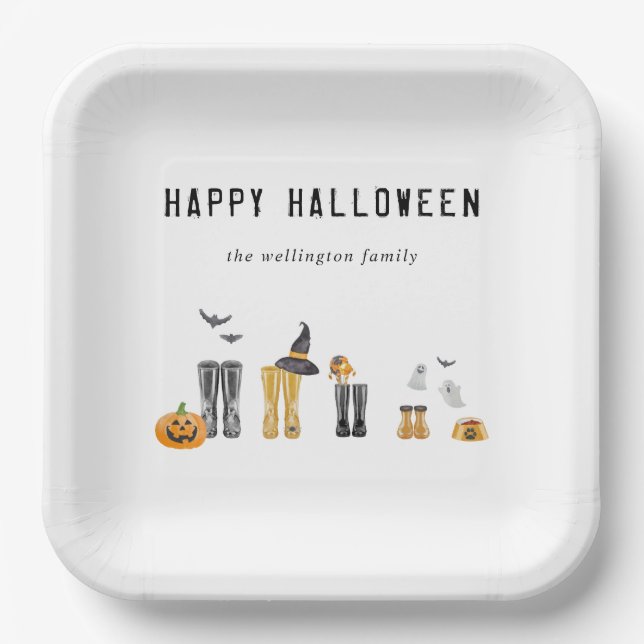 Assiettes En Carton Bonne Halloween jolie famille Éffrayante Aquarelle (Recto)