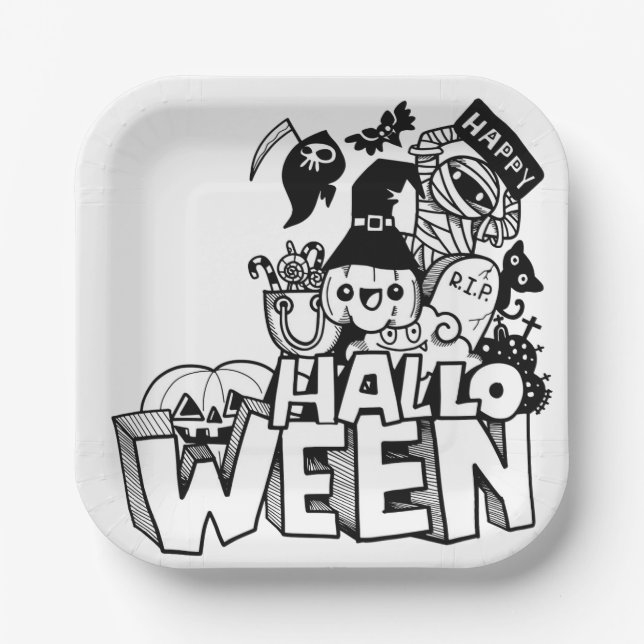 Assiettes En Carton Bonne Halloween mignonne Doodle Citrouille Chat ma (Recto)