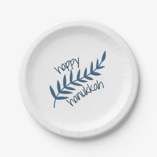 Assiettes En Carton Bonne Hanoukka (avec Feuilles bleus)